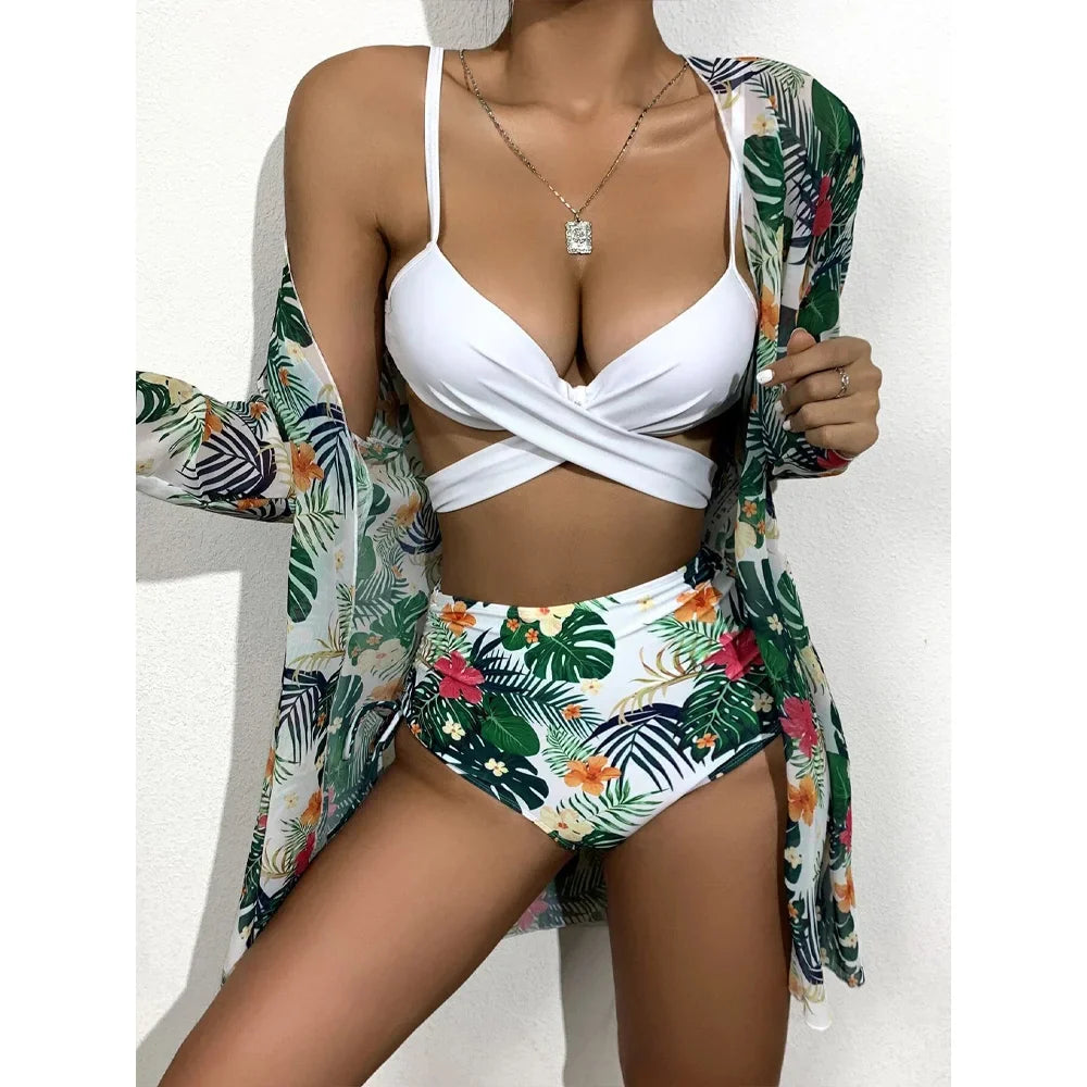 Three Pieces Bikini Set Cover Up Women New Push Up Twist Swimsuit Print Long Sleeve Swimwear Biquini Bathing Suit Summer