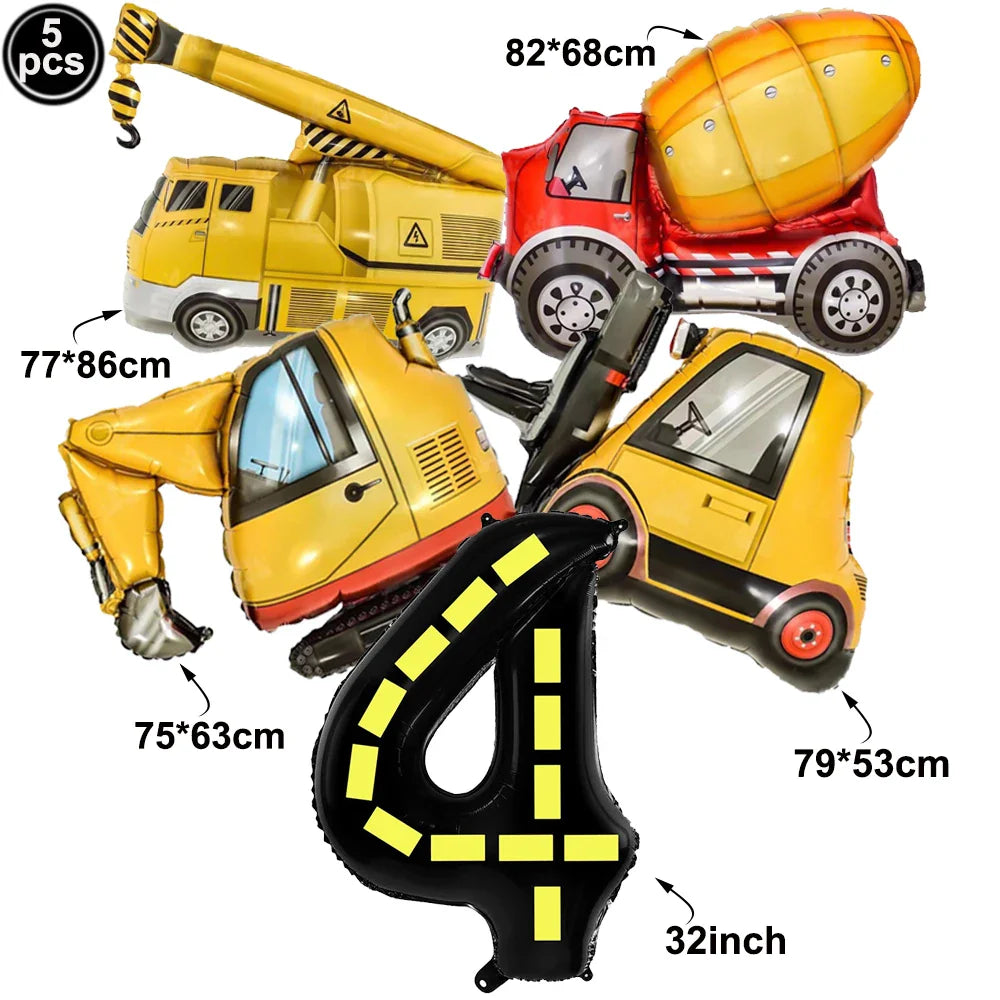 5pcs Construction Themed Balloon Carton Vehicle Balloon Excavator Forklift Crane Balloons for Boy's Construction Birthday Party