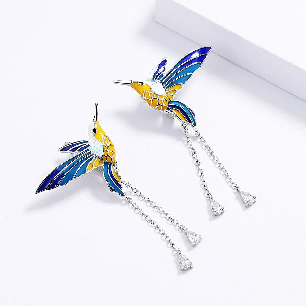 2024 New Fashion Bird Pendant Earrings Color Epoxy Tassel Long Earrings Handmade Enamel Women's Jewelry Earrings