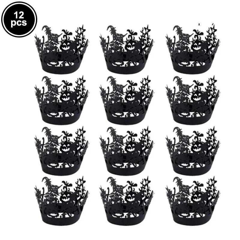 12pcs Halloween Black Bat Cupcake Wrappers Cupcake Liners Ghost Halloween Cupcake Decorations Halloween Themed Party Supplies