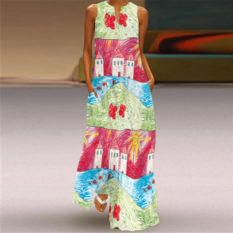 Retro Party Style Robe Holiday V Collar Sexy Feather Printing Dresses Elegant Women's Boho Beach Faldas Largas Vestidos Robe