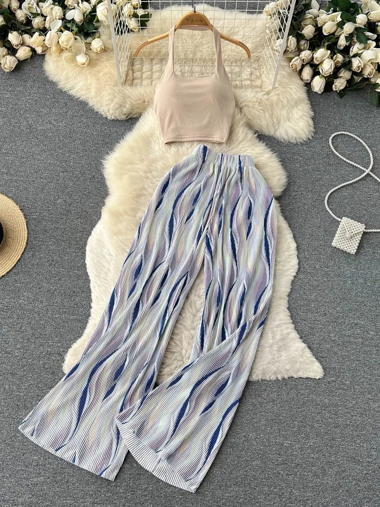 Fashion New Women Summer Sexy Pants Set 2023 Halter Tank Tops Wide-leg Long Pantsuit Female Slim Vacation Two Piece Sets