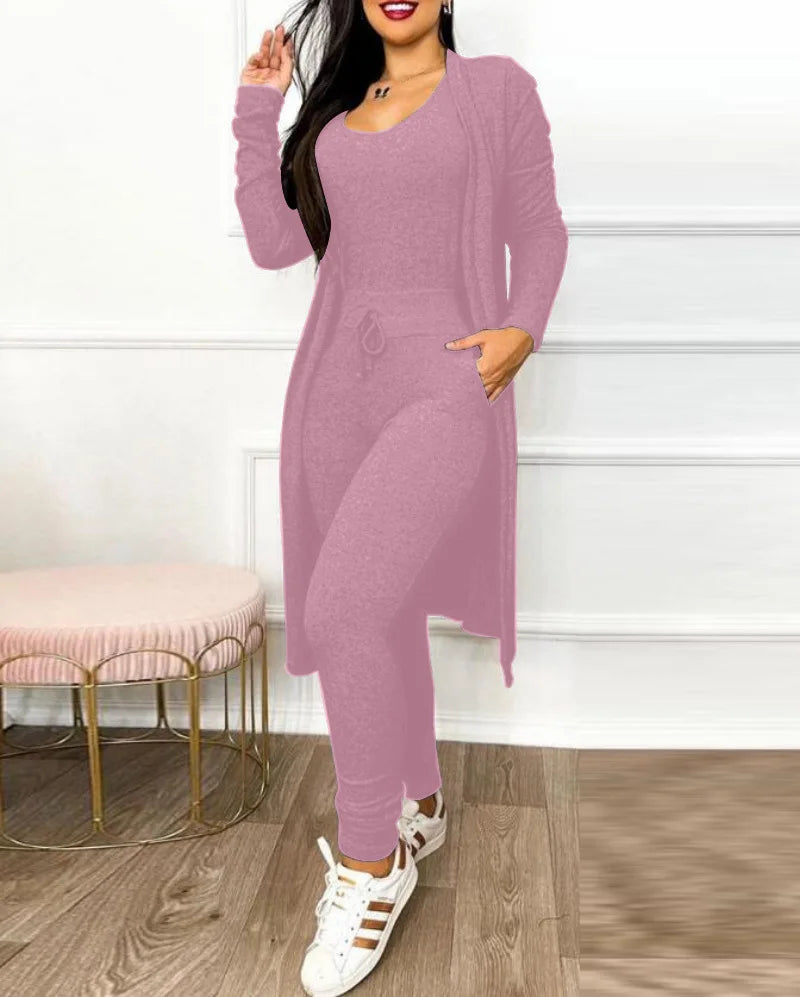 2026 Jumpsuit & Coat Set Autumn Women Drawstring Pocket Pants Sets One Piece Y2k Long Jumpsuit High Waist Coats Two Piece Sets