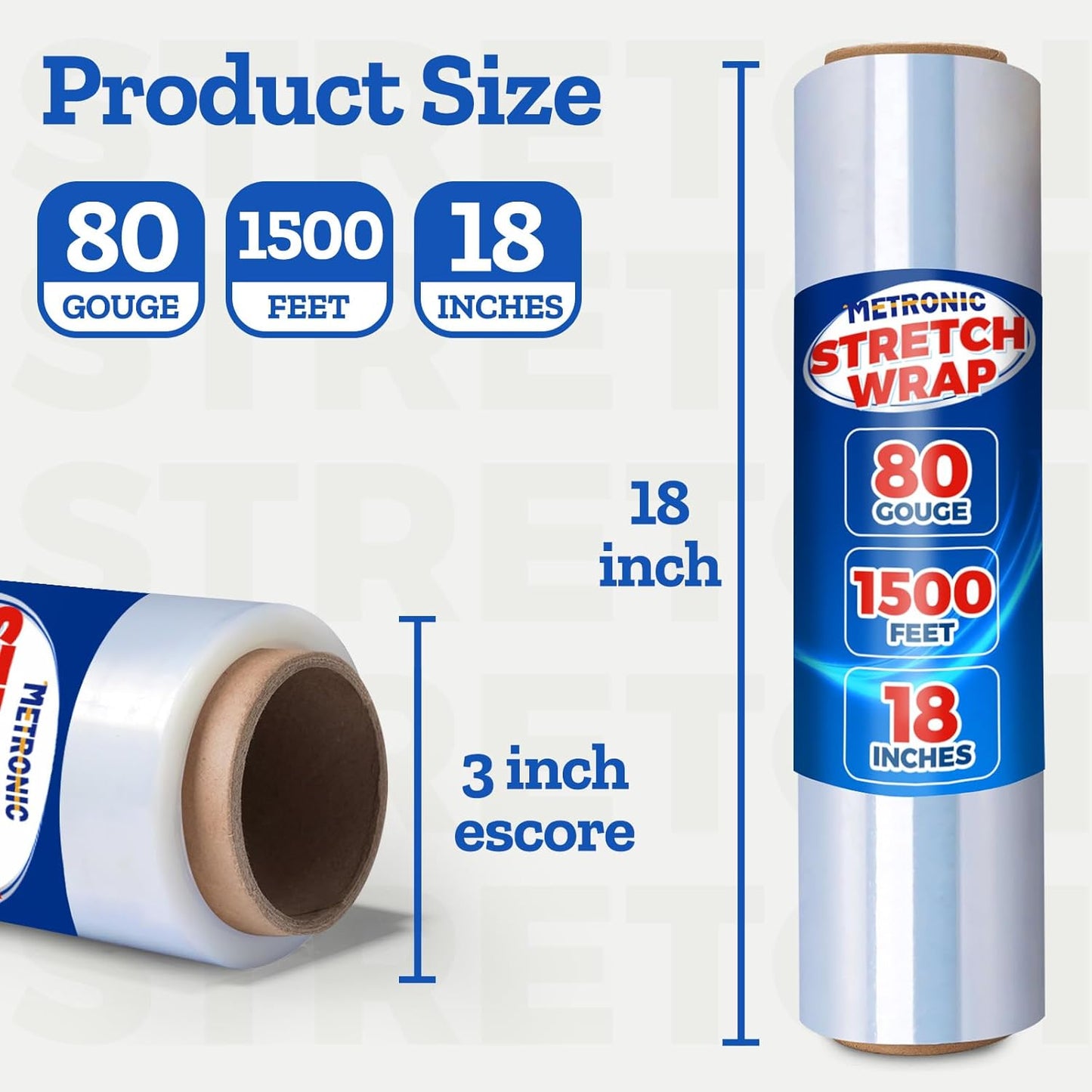 Stretch Wrap/Film Roll 18" x 1500 Ft 80 Gauge Heavy Duty Plastic Packing