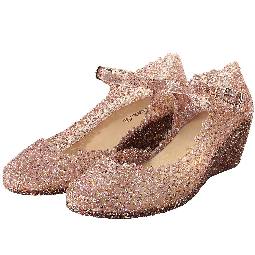 new pattern crystal Sandals Slope heel Women's Shoes princess high-heeled shoes Women's money melissa  Square dance shoes Baotou Thick bottom Middle heel