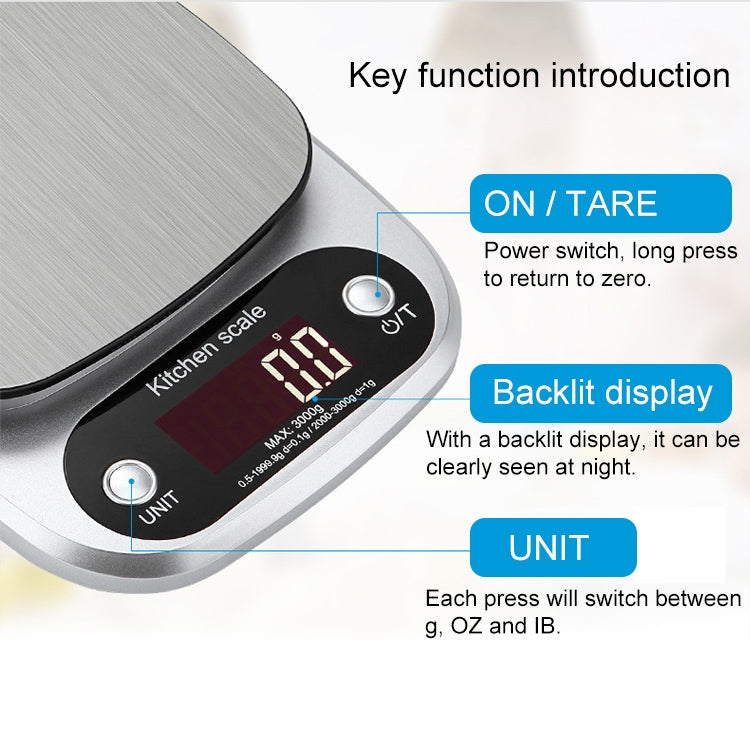 BOH-C305 Kitchen Stainless Steel LCD  Electronic Scale, Specification: 3kg/0.1g, 3kg/0.1g