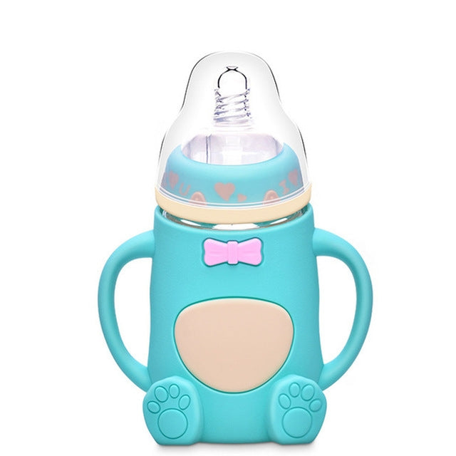 Baby Silicone Glass Bottles Drop-proof and Flatulence-proof Glass Baby Bottle