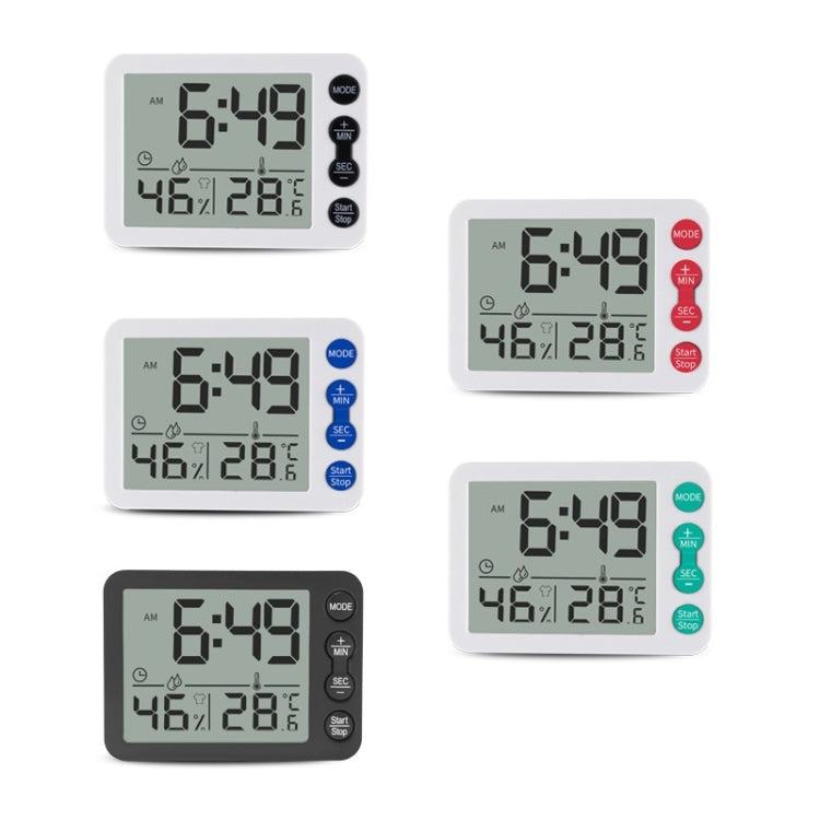 Multifunctional Indoor Thermometer And Hygrometer Large Screen Alarm Clock Kitchen Electronic Countdown Timer, Black Shell Black Button, White Shell Black Button, White Shell Red Button, White Shell Green Button, White Shell Blue Button