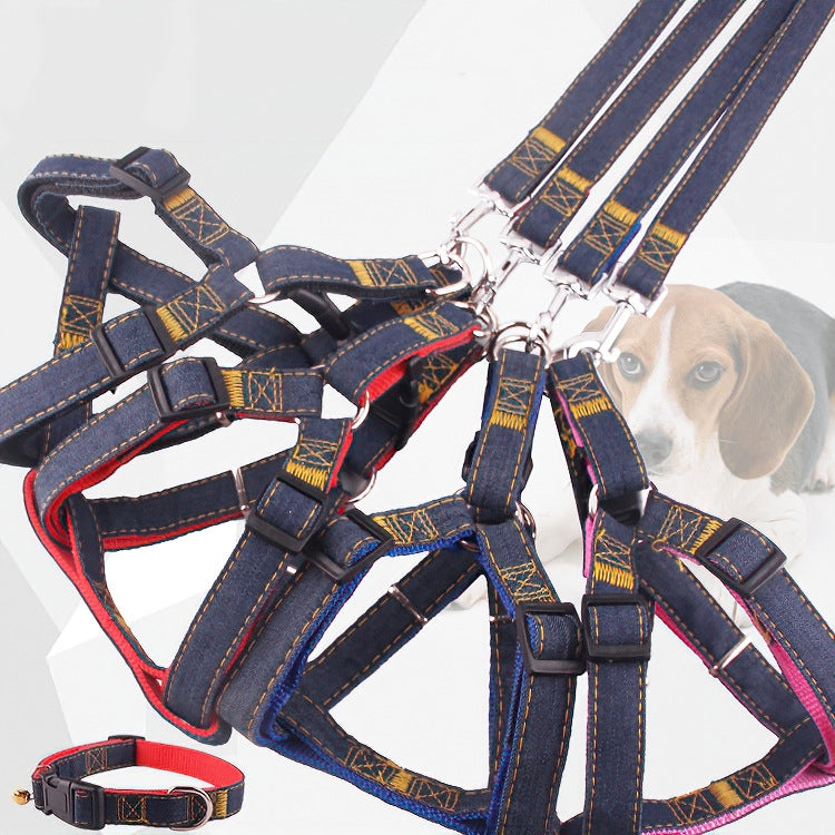 BG-Q1025 Leash+Chest Strap+Collar Thickened Strong Denim Pet Dog Leash Set, Size: S(Pink)