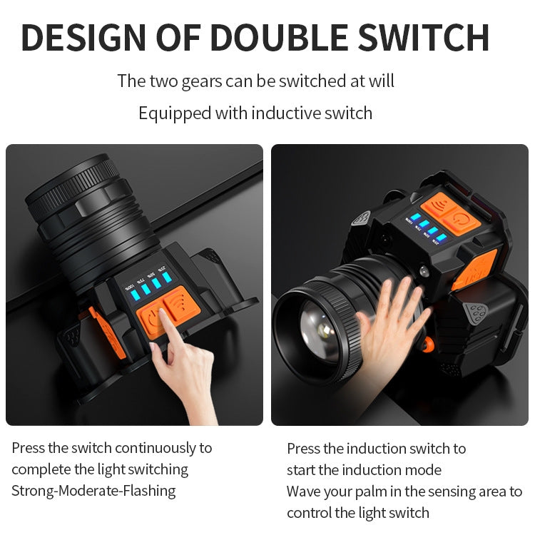SASQUATCH T50 USB Charging Smart Sensor Head-Mounted Fishing Light Zoom Headlight Outdoor Miners Lamp,Style:, T8  (2 x 1200MA  Battery), T8  (2 x 2000MA Battery), L9 (2 x 2000MA Battery)