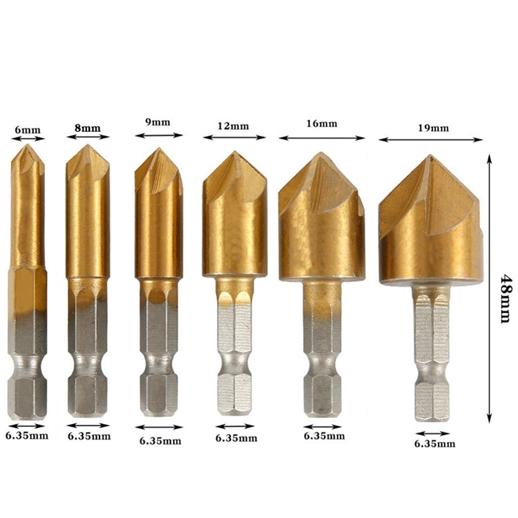 Hexagonal Handle Titanium-Plated Five-Blade Chamer 90 Degree Chamfer Knife Drill, Five-Blade