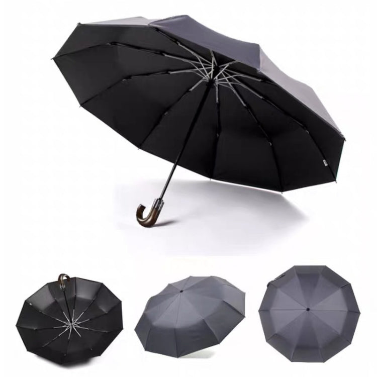 PARACHASE Solid Wood Bending Handle 10 Bone Three Fold Automatic Umbrella, Grey, Black, Navy