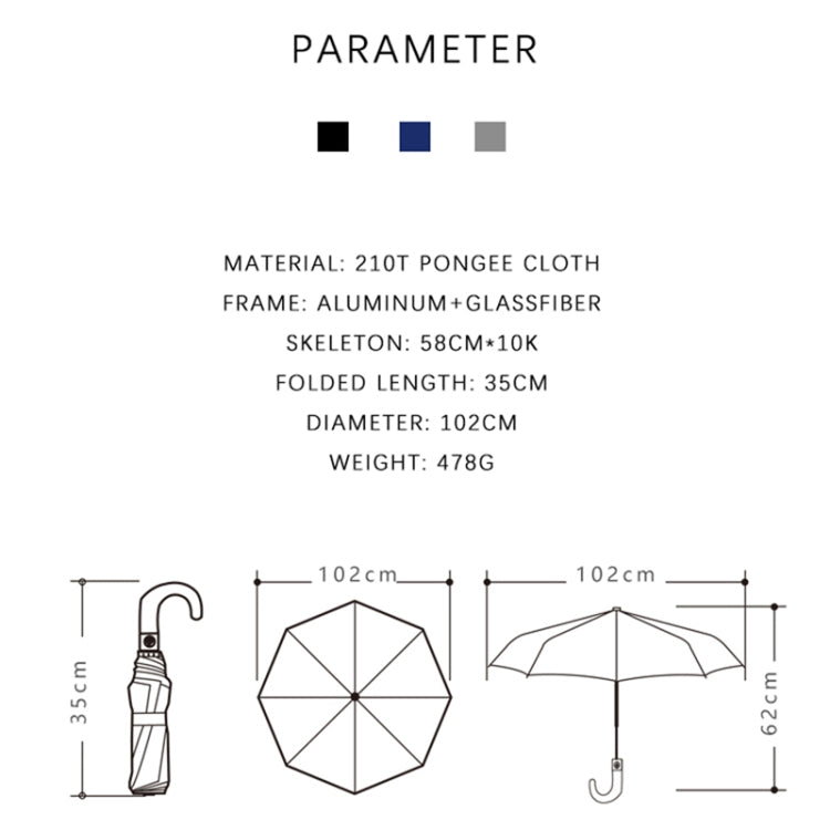 PARACHASE Solid Wood Bending Handle 10 Bone Three Fold Automatic Umbrella, Grey, Black, Navy
