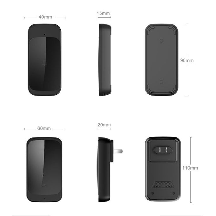 C03 1 For 1 Home Wireless IP44 Waterproof Touch Sensor Doorbell(US Plug Black)