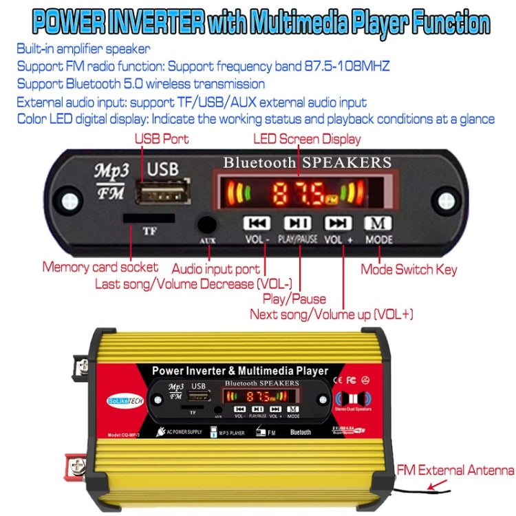 SOLIKE TECH 300W Inverter with Bluetooth MP3/FM Multimedia Player, 12V to 110V, 12V to 220V