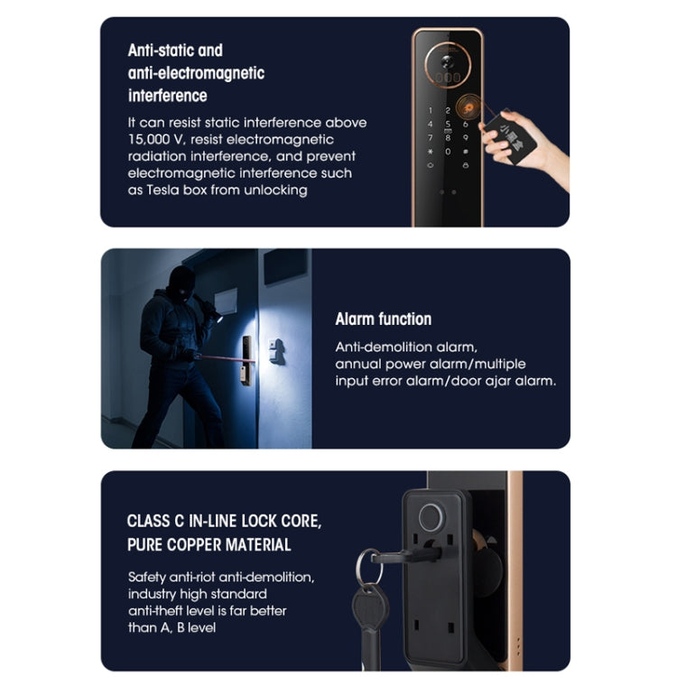 S61 Fully Automatic 3D Face Recognition Tuya Wifi Smart Fingerprint Lock Anti-theft Password Lock(Rose Gold)