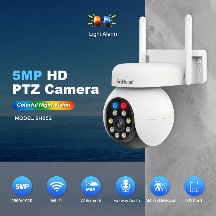 SriHome SH052 Wifi 5MP Wireless PTZ IP AI Auto Tracking Sound&Light Alarm Starlight Color Night Vision Outdoors Surveillance Camera, Plug: US