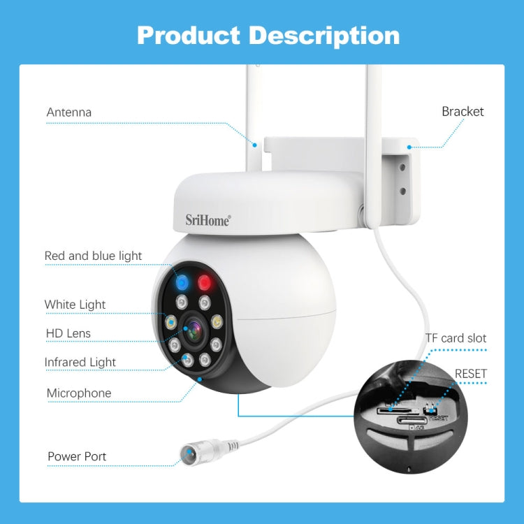 SriHome SH052 Wifi 5MP Wireless PTZ IP AI Auto Tracking Sound&Light Alarm Starlight Color Night Vision Outdoors Surveillance Camera, Plug: US