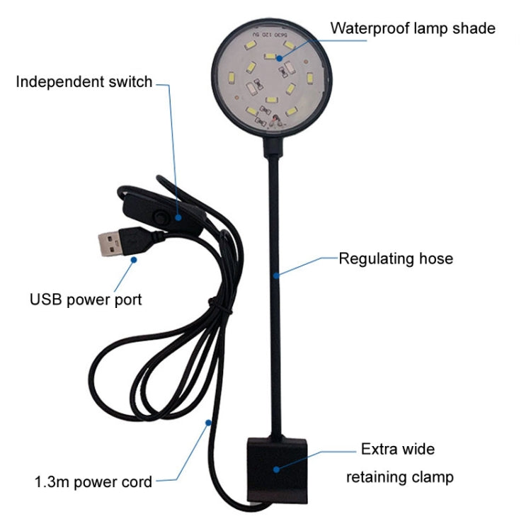 5W Fish Tank LED Clip Light USB Plug Lighting Aquarium Translucent Aquatic Plants Lamp(White)