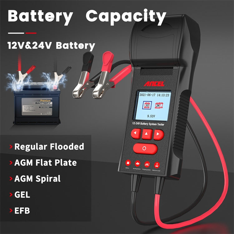 ANCEL 12V/24V Printer-Type Car Battery Tester Battery Power CCA Internal Resistance Life Detector, BST600