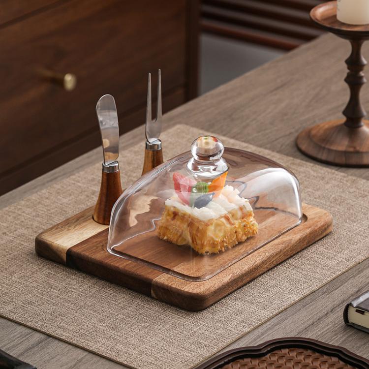 Acacia Wood Butter Dish with Glass Lid and Spreader Knife Butter Keeper for Countertop or Fridge, Single Knife, Dual Utensils