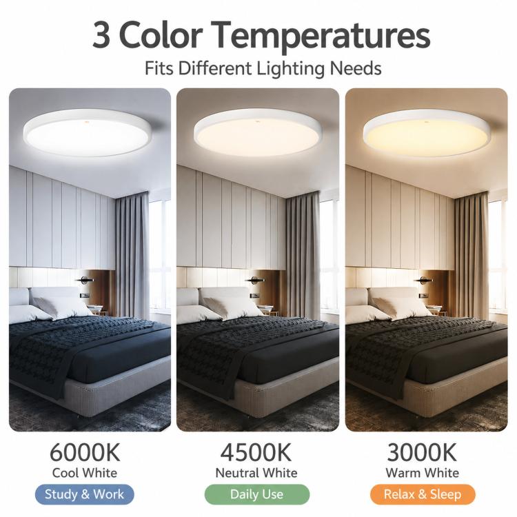 Slim LED Ceiling Light 3-Color Dimmable Round Flush Mount Light Fixture for Bedroom, FSL 25W 35cm White, FSL 25W 35cm Black, FSL 36W 45cm White, FSL 36W 45cm Black