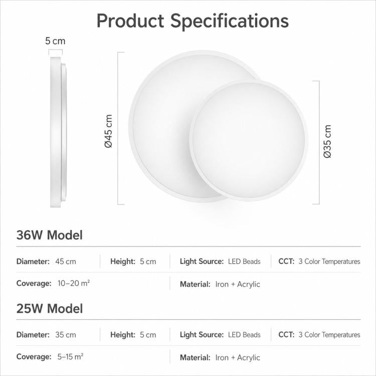 Slim LED Ceiling Light 3-Color Dimmable Round Flush Mount Light Fixture for Bedroom, FSL 25W 35cm White, FSL 25W 35cm Black, FSL 36W 45cm White, FSL 36W 45cm Black