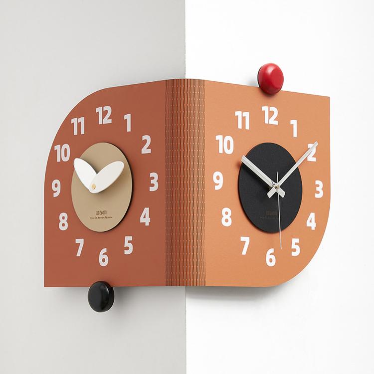 wozoom Corner Wall Clock Double Sided 90 Degree Wrap Around Quartz Clock, Beige, Dark Brown, Orange, Beige Swing Style 1, Beige Swing Style 2