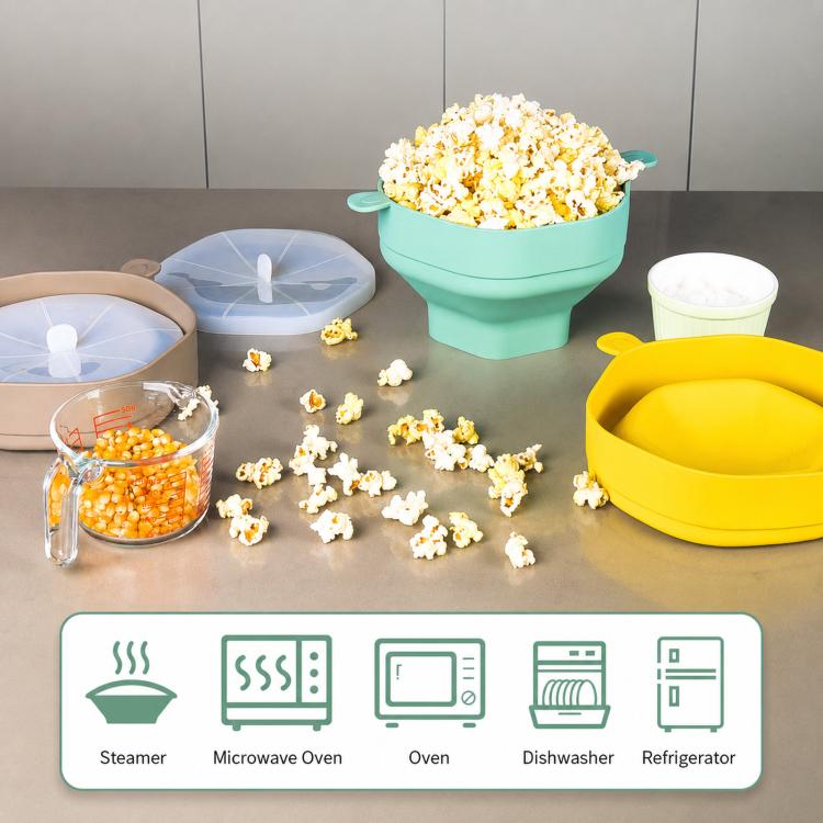 Collapsible Silicone Microwave Popcorn Popper Bowl with Lid Reusable Microwaveable Popcorn Maker, Standard Cyan, Standard Grey, Standard Red, Standard Earthy Yellow, with Spatula Red, with Spatula Cyan