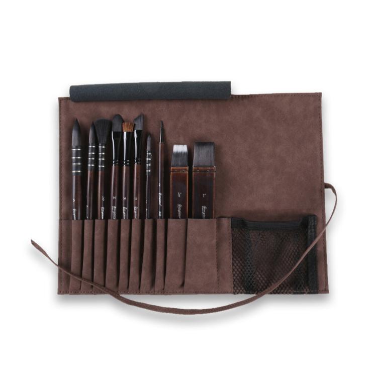 Giorgione 10 In 1 Synthetic Squirrel Hair Watercolor Paint Brush Set with Velvet Roll-Up Case Birch Wood Handles