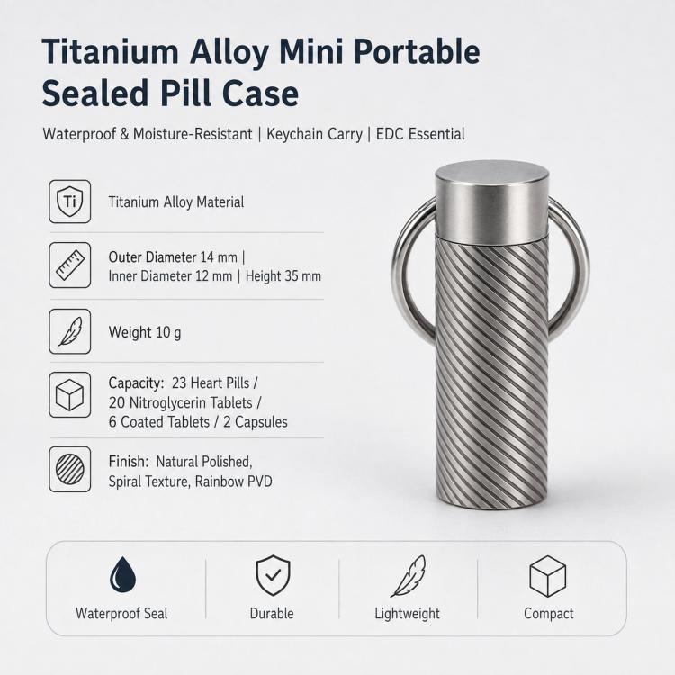 Mini Portable EDC Outdoor Sealed Titanium Alloy Waterproof Keychain, Knurling, Polishing, Iridescent Color