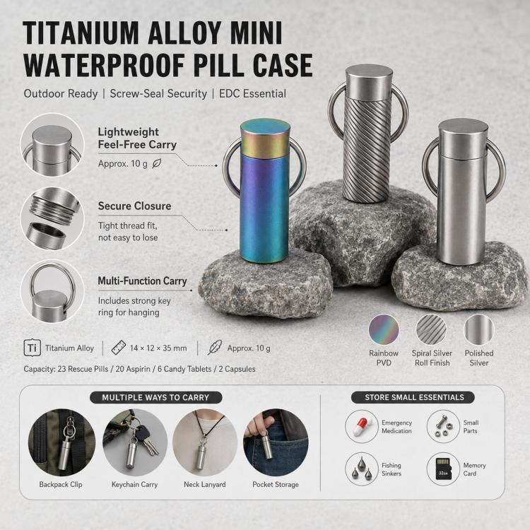 Mini Portable EDC Outdoor Sealed Titanium Alloy Waterproof Keychain, Knurling, Polishing, Iridescent Color