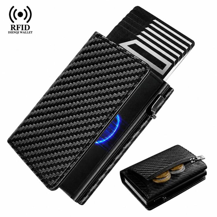 RFID Blocking Pop Up Wallet With Coin Pocket Carbon Fiber Leather Slim Credit Card Holder