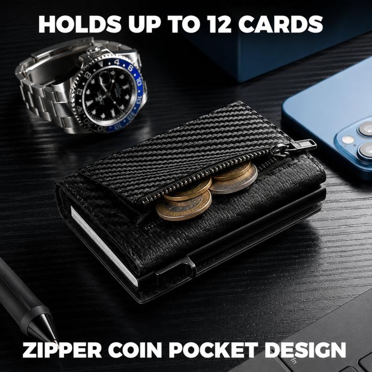RFID Blocking Pop Up Wallet With Coin Pocket Carbon Fiber Leather Slim Credit Card Holder