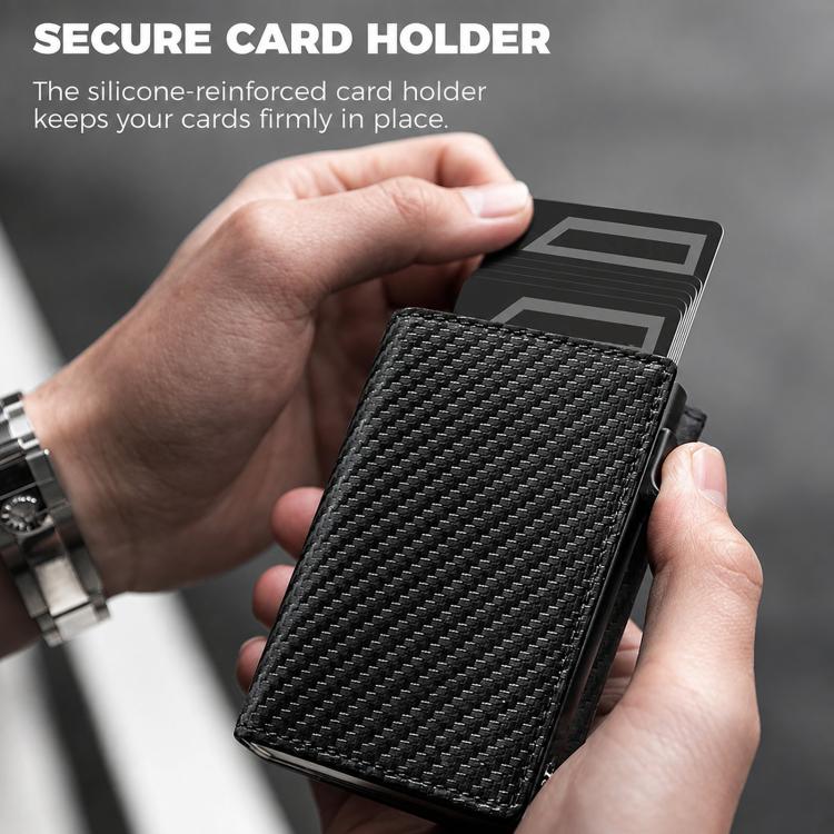 RFID Blocking Pop Up Wallet With Coin Pocket Carbon Fiber Leather Slim Credit Card Holder