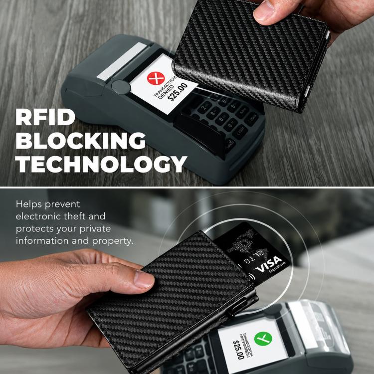 RFID Blocking Pop Up Wallet With Coin Pocket Carbon Fiber Leather Slim Credit Card Holder