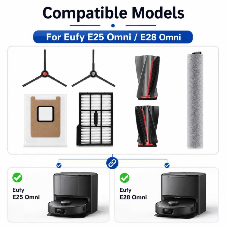 Replacement For Eufy Omni S1 Pro / S1 / E25 Omni / E28 Omni Robot Vacuum, Main Roller Brush, Filter, 1 Pair Side Brush, Mopping Roller Brush, Dust Bag