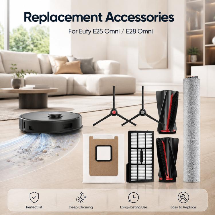 Replacement For Eufy Omni S1 Pro / S1 / E25 Omni / E28 Omni Robot Vacuum, Main Roller Brush, Filter, 1 Pair Side Brush, Mopping Roller Brush, Dust Bag