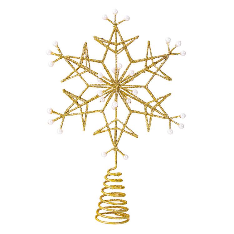 Gold Wire Snowflake Christmas Tree Topper With Faux Pearls Glitter Metal Tree Top Ornament, Gold Wire Snowflake