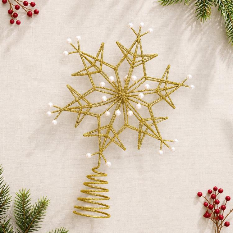 Gold Wire Snowflake Christmas Tree Topper With Faux Pearls Glitter Metal Tree Top Ornament, Gold Wire Snowflake