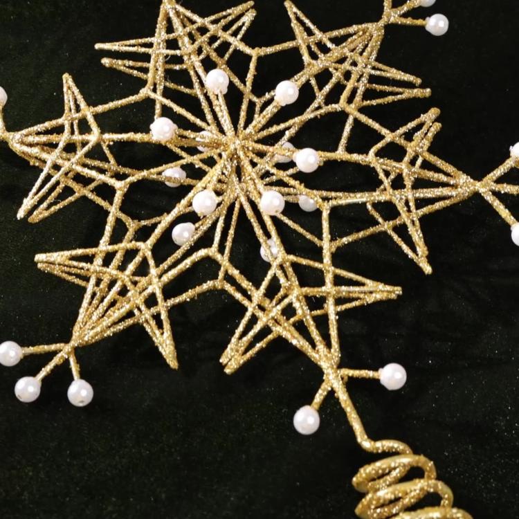 Gold Wire Snowflake Christmas Tree Topper With Faux Pearls Glitter Metal Tree Top Ornament, Gold Wire Snowflake