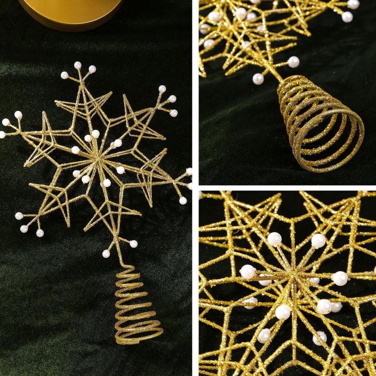 Gold Wire Snowflake Christmas Tree Topper With Faux Pearls Glitter Metal Tree Top Ornament, Gold Wire Snowflake