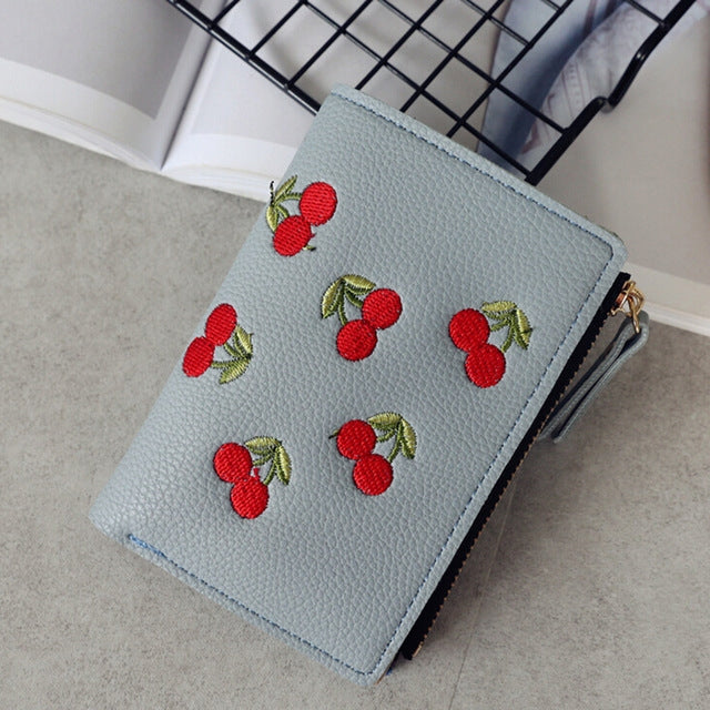 PU Leather Cherry Embroidery Coin Purse Card Holders
