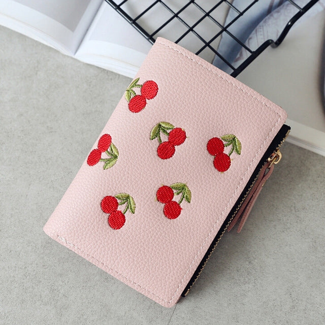PU Leather Cherry Embroidery Coin Purse Card Holders