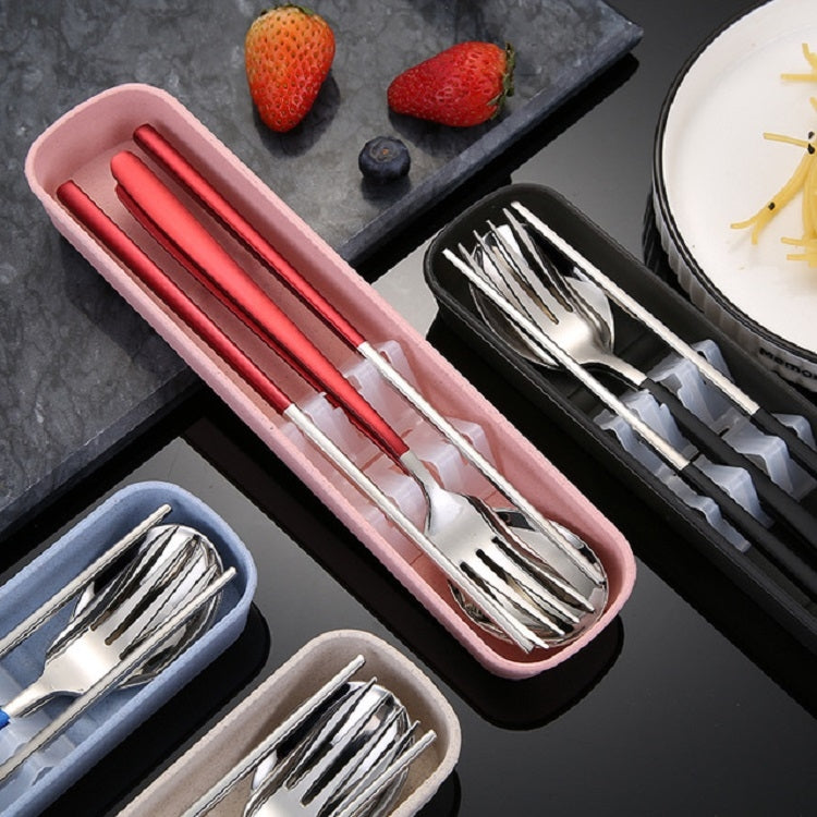 3pcs / Set Portable Stainless Steel Tableware Creative Set Chopsticks Spoon Fork Gift, Steel, Black, Pink, Red, Blue