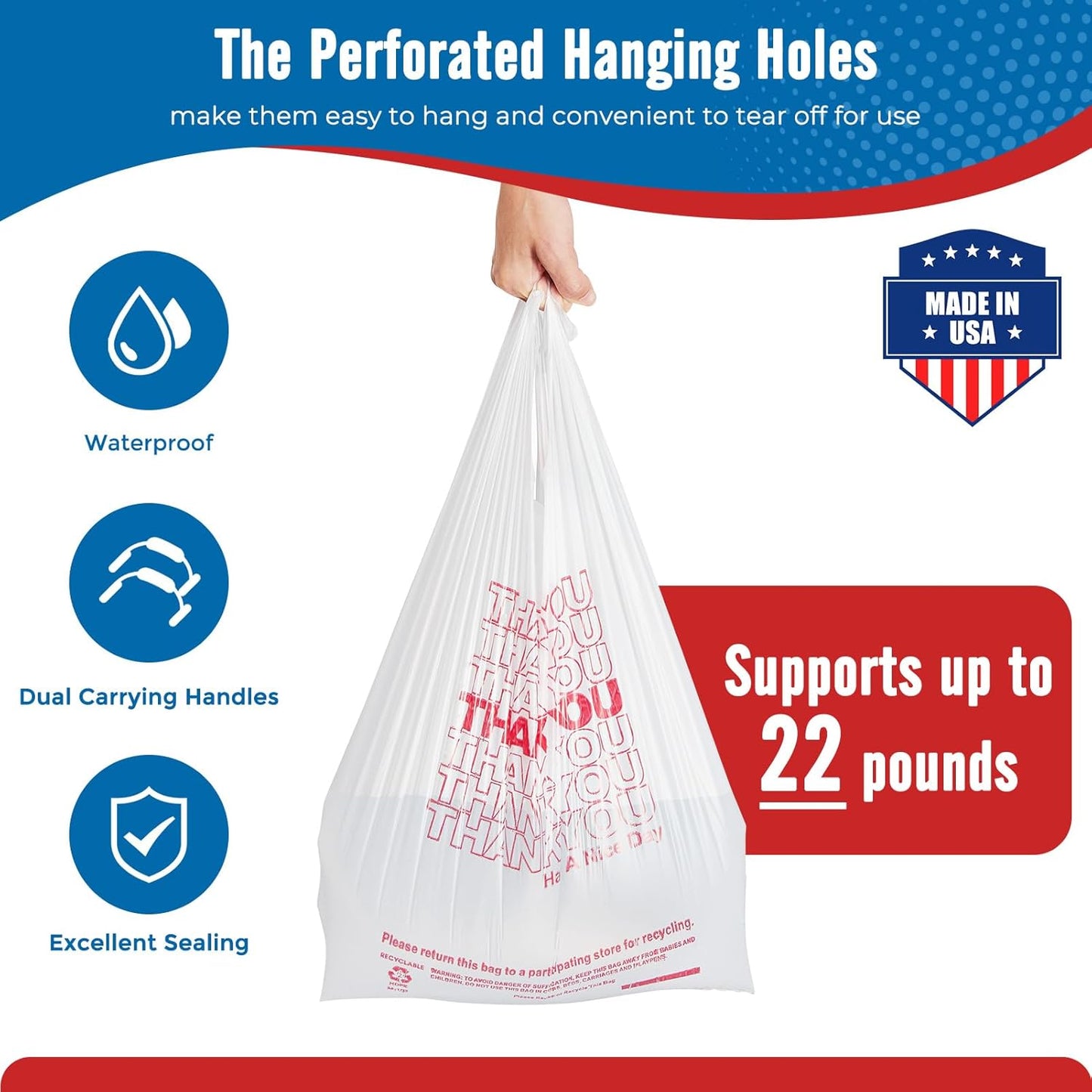 11.5 x 6.5 x 21“  0.47mil Thank You Plastic Bags 1000 Count