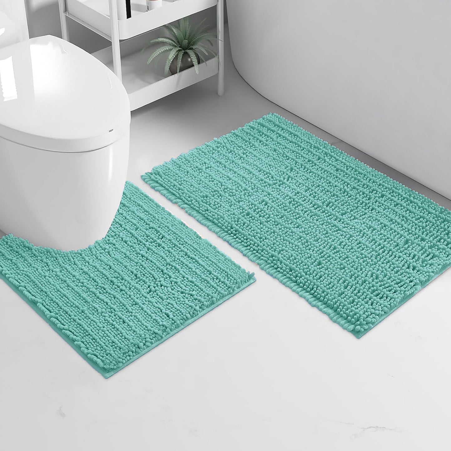 2 Piece Set Turquoise Soft Cozy Plush Chenille Bath Mat Bathroom Rug