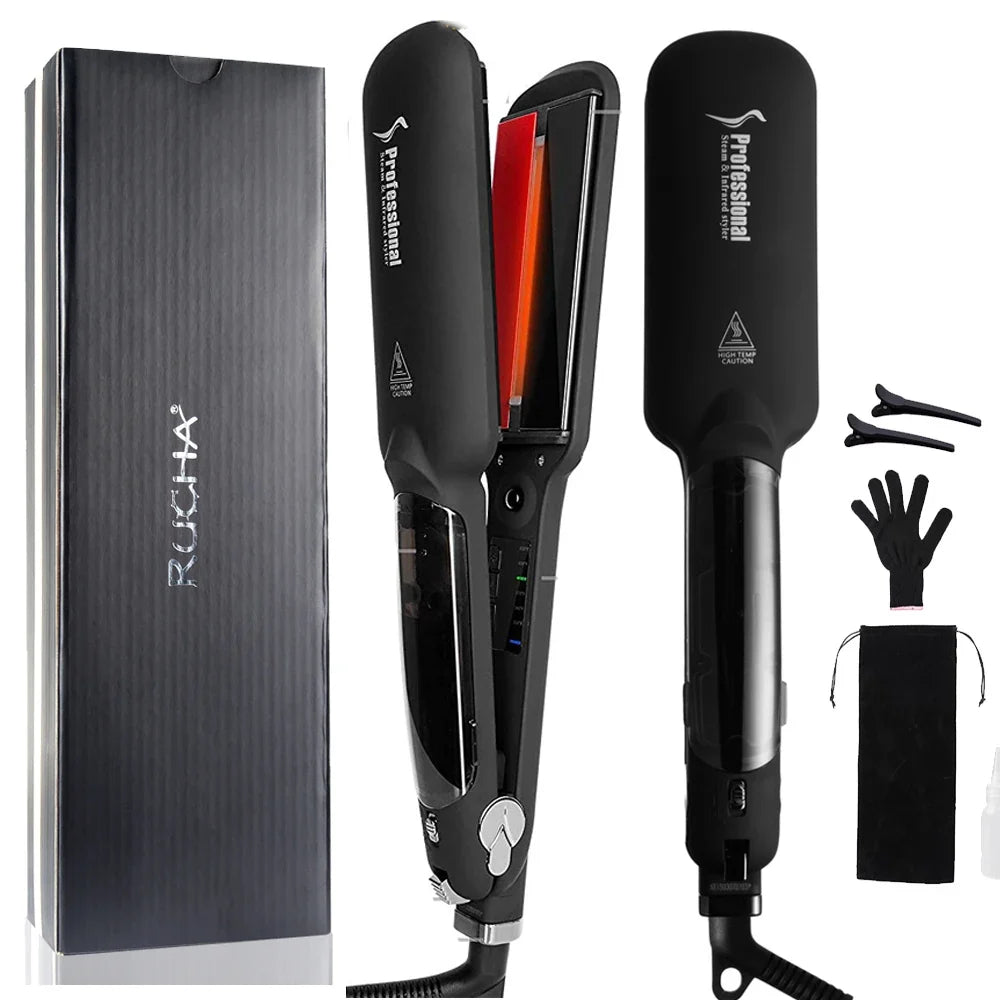 RUCHA Infrared Steam Hair Straightener 2 Inches Wide Plate Hair Salon Steampod Ironing Styler Ceramic Tourmaline Flat Iron