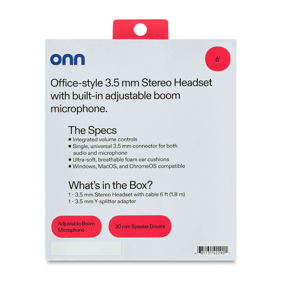 Onn 3.5mm AUX Stereo Headset with Built-In Microphone, Black