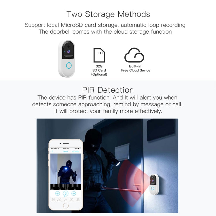 B50 720P Smart WiFi Video Visual Doorbell, Support Phone Remote Monitoring & Night Vision & SD Card (White)